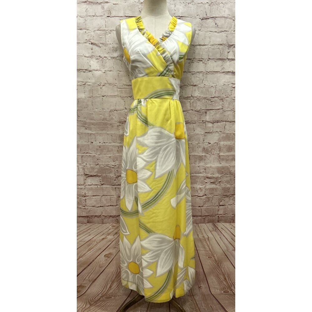 VINTAGE Malia McInerny Hawaiian Maxi Dress 10 Yellow Sleeveless Nylon